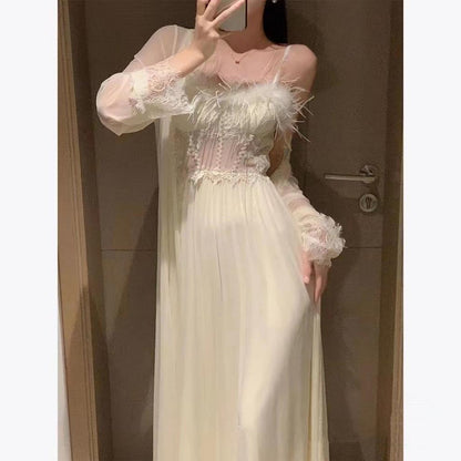 Feather Slip Nightdress Long Ice Silk Pajamas