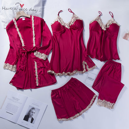 Spring Women's Summer Ice Silk Pajamas Five-piece Set