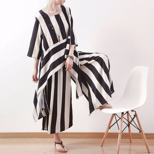 Black And White Striped Silk And Satin Printed Thin And Large Two-piece Suit