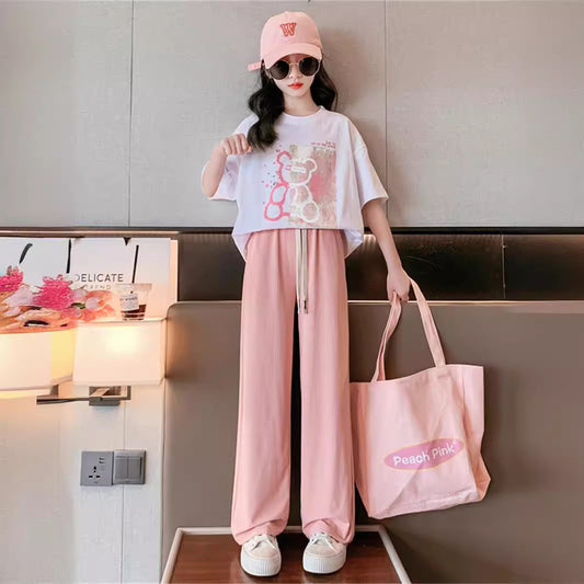 Girls' Ice Silk Wide-leg Pants Two-piece Suit