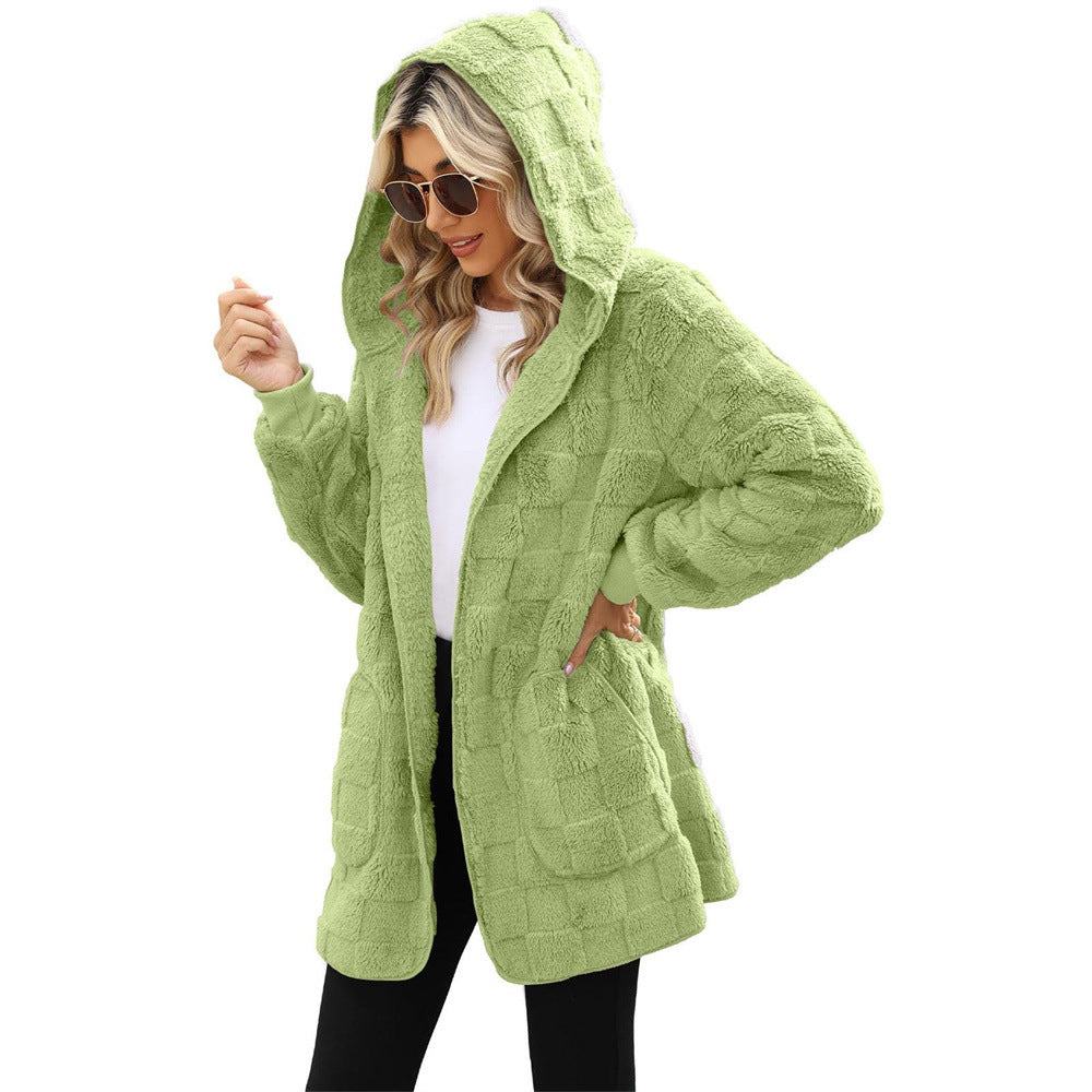 PlaidWhisper Hooded Plush Cardigan