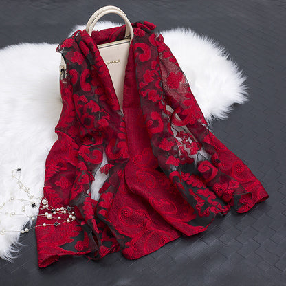 Lace Stitching Cut Flower Paisley Silk Scarf