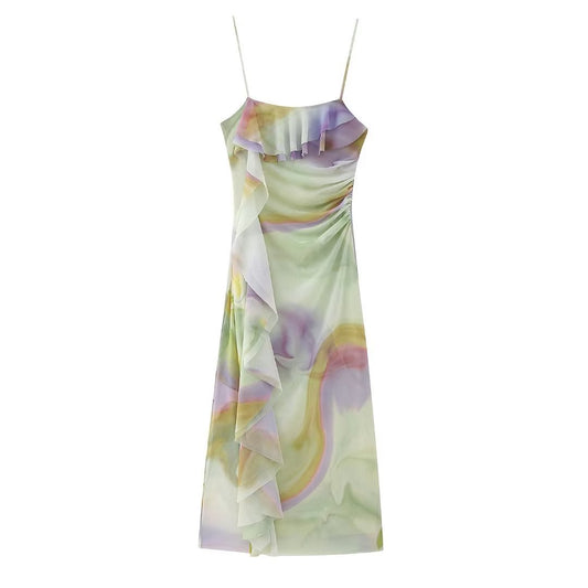Laminated Decoration Printed Silk Net Dress