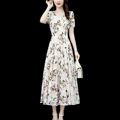 Loose Long V-neck Short Sleeve Ice Silk Satin Dress