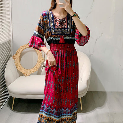 Skirt Crew Neck Ruffle Half Sleeve Cotton Silk Dress