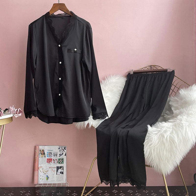 Pajama Lady Ice Silk Long Sleeve Plain Lace