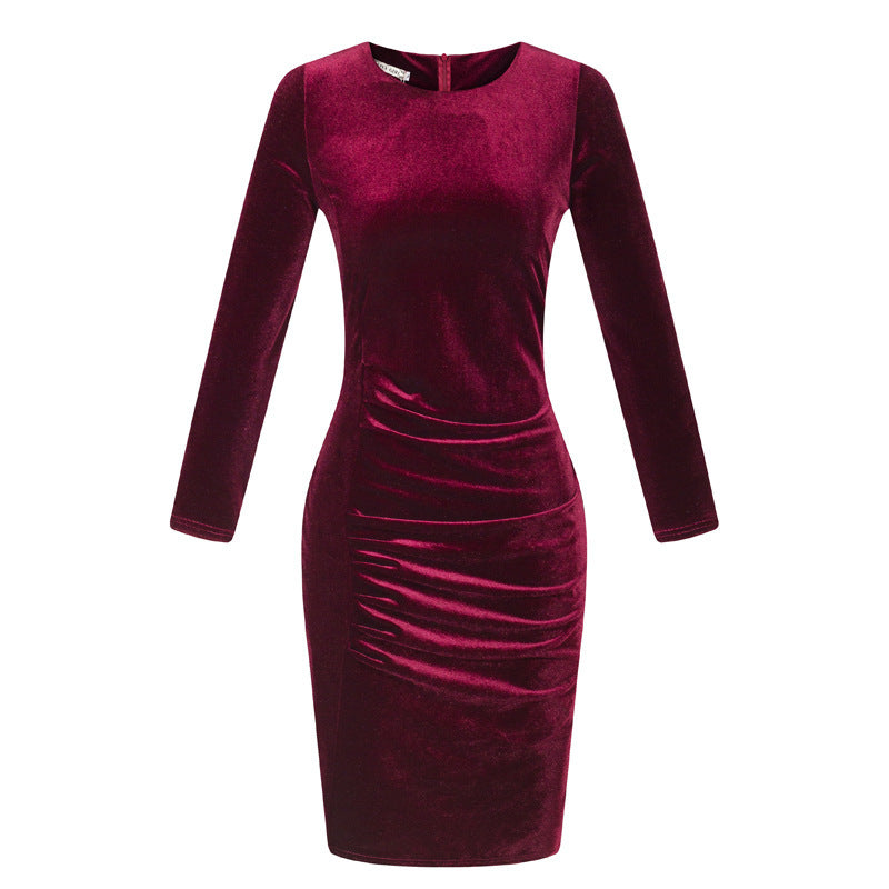 Korean Velvet Slim Long-sleeved Gold Silk Velvet Bag Hip Dress