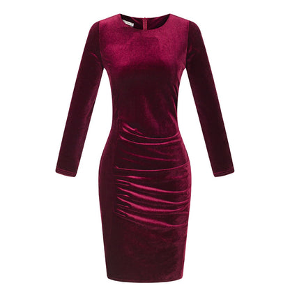 Korean Velvet Slim Long-sleeved Gold Silk Velvet Bag Hip Dress