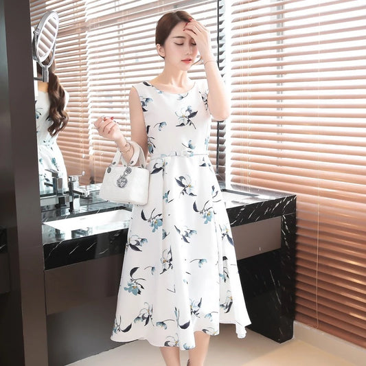 Women's Fashion Ice Silk Midi Printing Dress