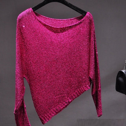 Sequined Slant Shoulder Bright Silk Gold Thread Pullover Top