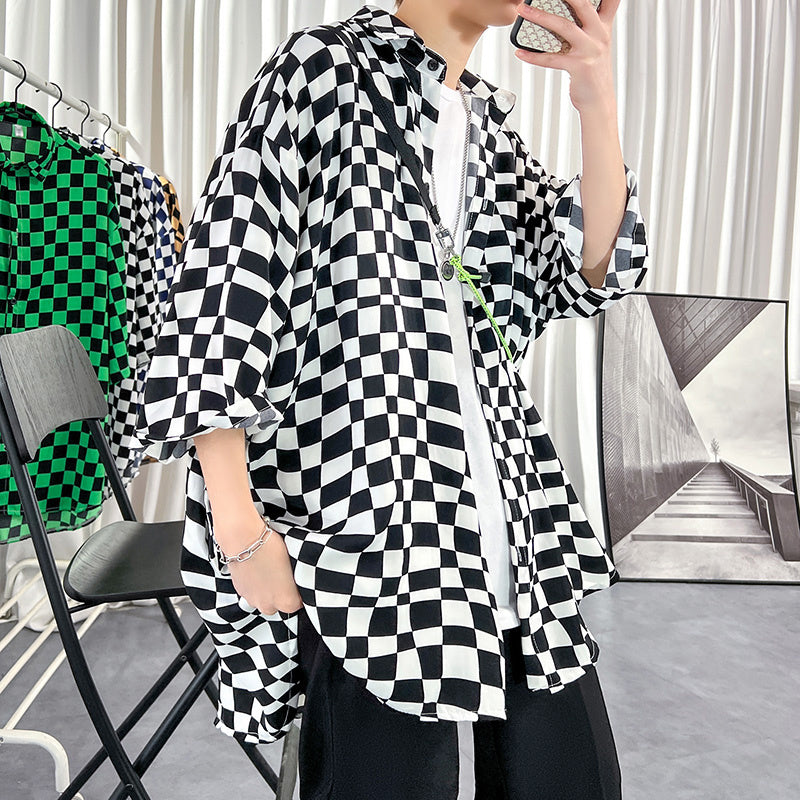 Men's Ice Silk Jacket With Checkerboard Three Quarter Sleeve Shirt
