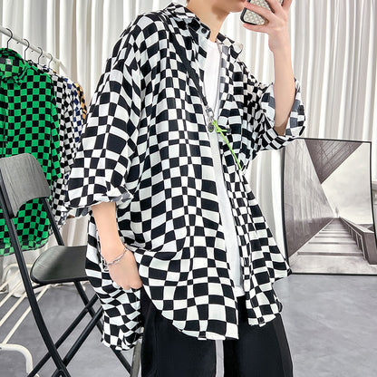 Men's Ice Silk Jacket With Checkerboard Three Quarter Sleeve Shirt
