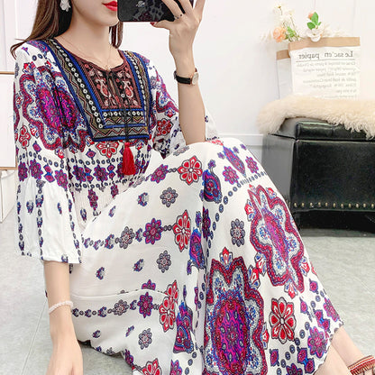 Skirt Crew Neck Ruffle Half Sleeve Cotton Silk Dress