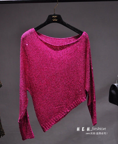 Sequined Slant Shoulder Bright Silk Gold Thread Pullover Top