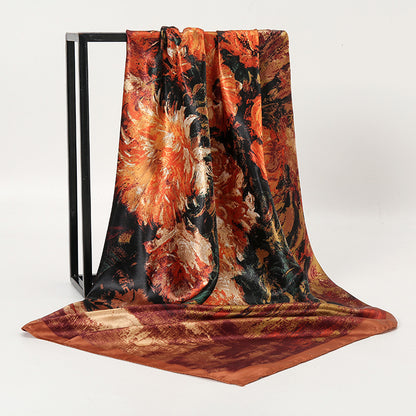 Oil Painting Style Silk Scarf 90cm Large Kerchief New Satin Imitated Silk Scarves European And American Retro Printed Shawl Scarf For Women
