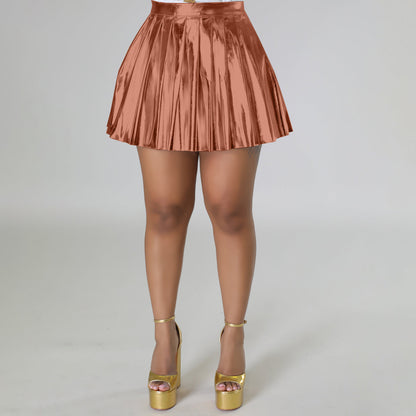 Ice Silk Bronzing Pleated Skirt Zipper Elastic Waist