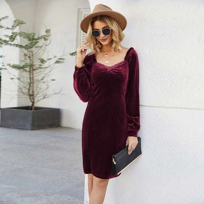 Women's Slim Long Sleeve Gold Silk Velvet Wrapped Hip Dress