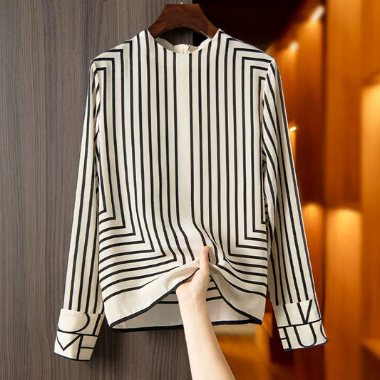 French High-end Vintage Stripe Silk Shirt For Women