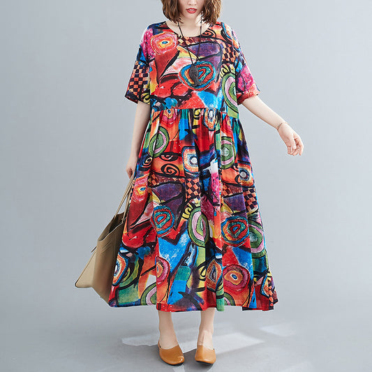 Plus Size Cotton Silk Print Short Sleeve Age-reducing Dress