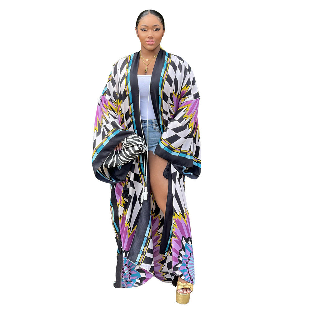 Kimono Silk-like Multi-print Coat