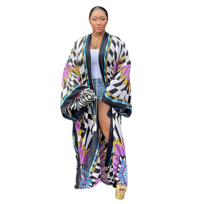 Kimono Silk-like Multi-print Coat