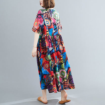 Plus Size Cotton Silk Print Short Sleeve Age-reducing Dress
