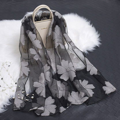 Lace Stitching Cut Flower Paisley Silk Scarf