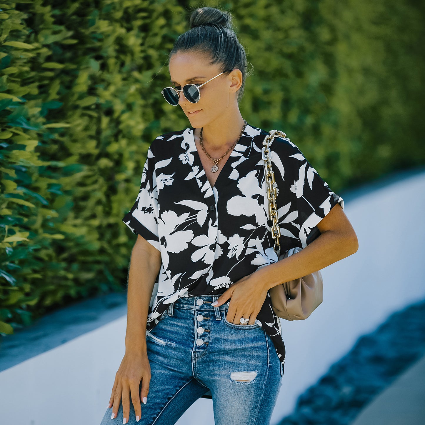 European And American Women's Ice Silk Print Loose Chiffon Shirt