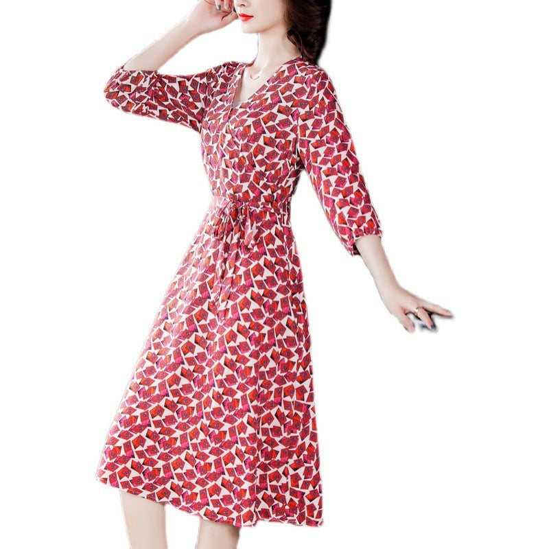 New Vneck Mid-length Slim Silk Floral Dress