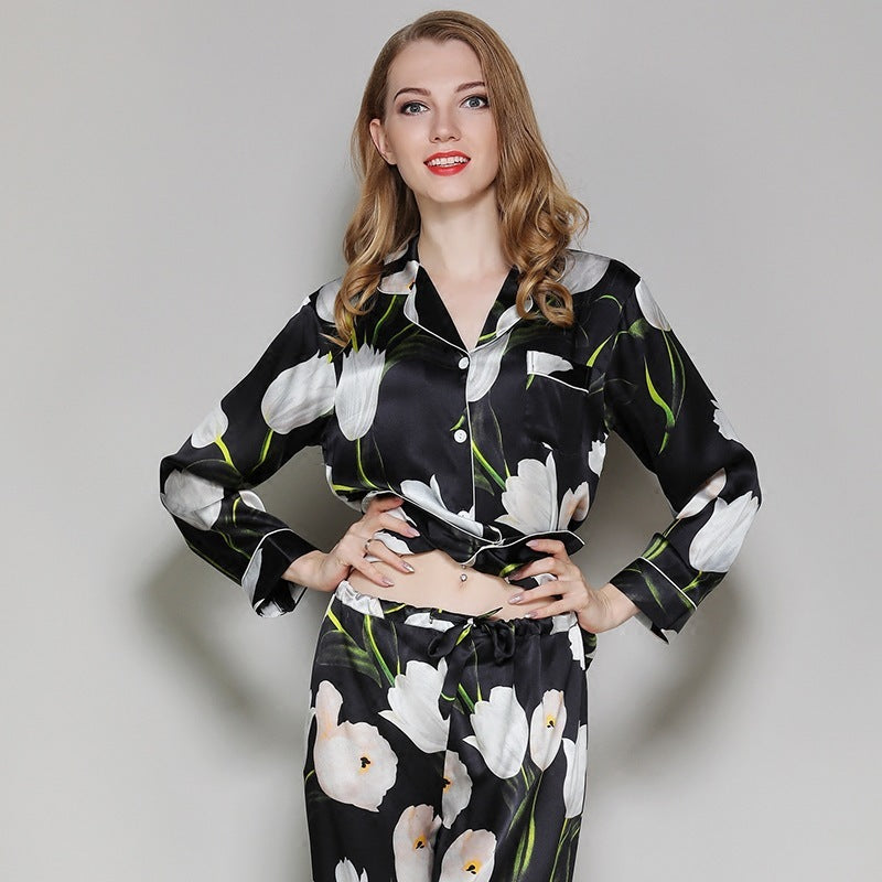 Spring And Autumn Silk Long-Sleeve Home Suit Two-piece