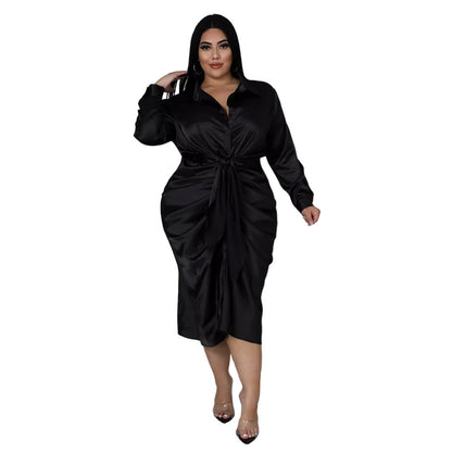 Large Size Women's Reflective Silk Pleated Lace-up Shirt Dress