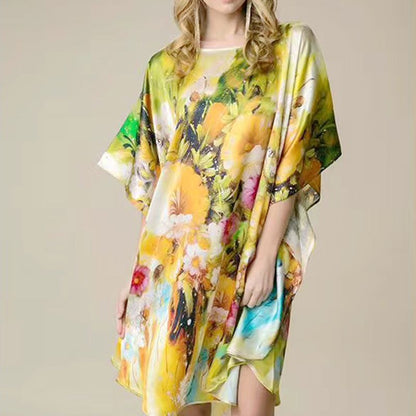 Inkjet Bat Shirt Women's Spring And Summer Home Service New Style Silk Silk Pajamas Nightdress Loose