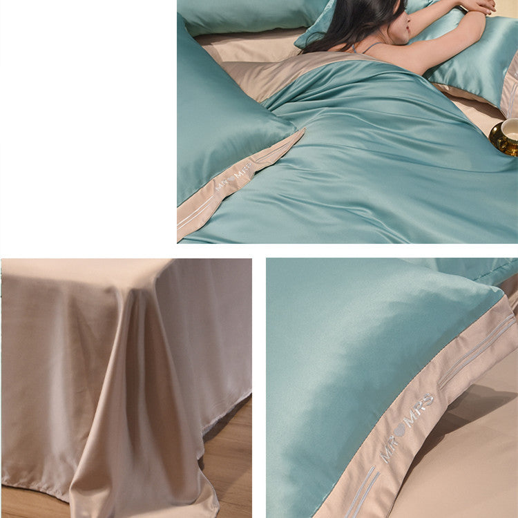 Temperament Light Gray Embroidery Ice Silk Four Piece Set