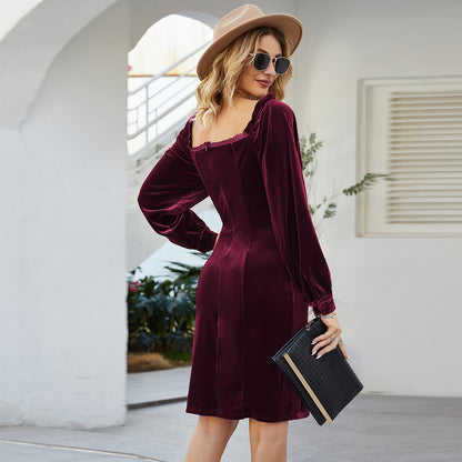 Women's Slim Long Sleeve Gold Silk Velvet Wrapped Hip Dress
