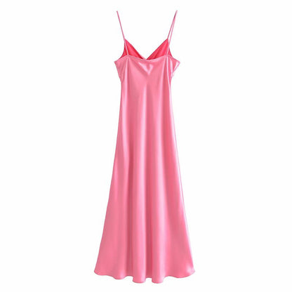 Silk Texture Suspenders Sexy Split Long Dress