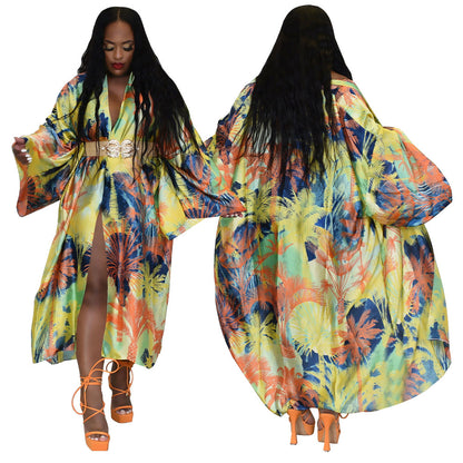 Kimono Silk-like Multi-print Coat