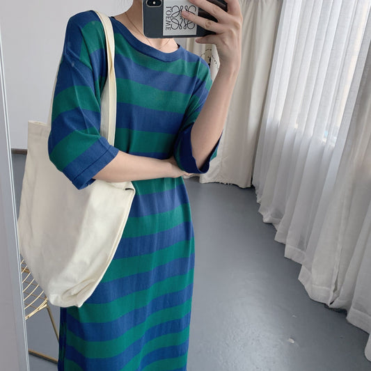Navy Wind Loose And Thin Ice Silk Knit Dress