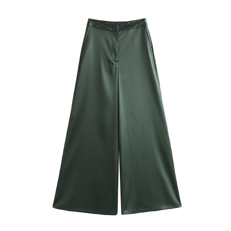 Fashion Silk Satin Textured Shirt Wide Leg Pants