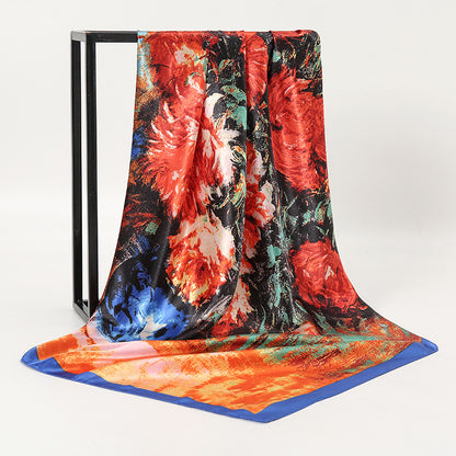 Oil Painting Style Silk Scarf 90cm Large Kerchief New Satin Imitated Silk Scarves European And American Retro Printed Shawl Scarf For Women