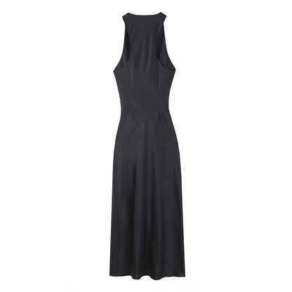 Women's Fashion Sleeveless Pleated Waist Tight Silk Satin Dress