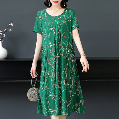 Plus Size Middle-aged And Elderly Cotton Silk Meat-covering Dress
