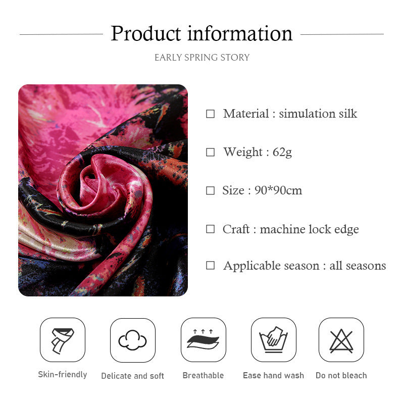 Oil Painting Style Silk Scarf 90cm Large Kerchief New Satin Imitated Silk Scarves European And American Retro Printed Shawl Scarf For Women