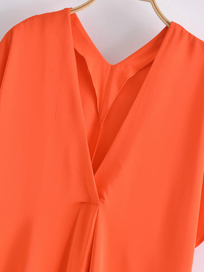 Women's V-neck Orange Women's Loose Casual Silk Satin Texture Long Shirt Dress