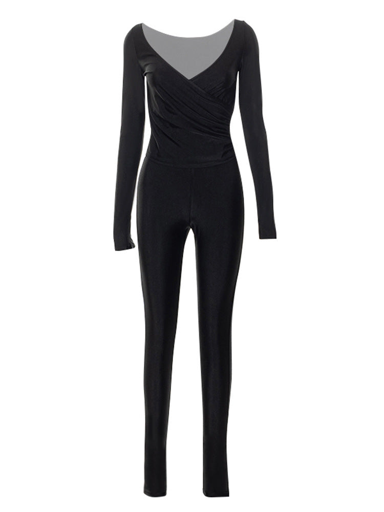 New Solid Color And V-neck Finger Fit Design Long-sleeved Trousers Casual Suit Women