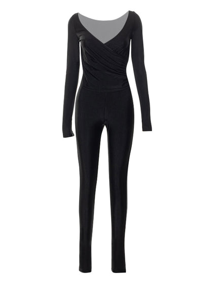 New Solid Color And V-neck Finger Fit Design Long-sleeved Trousers Casual Suit Women
