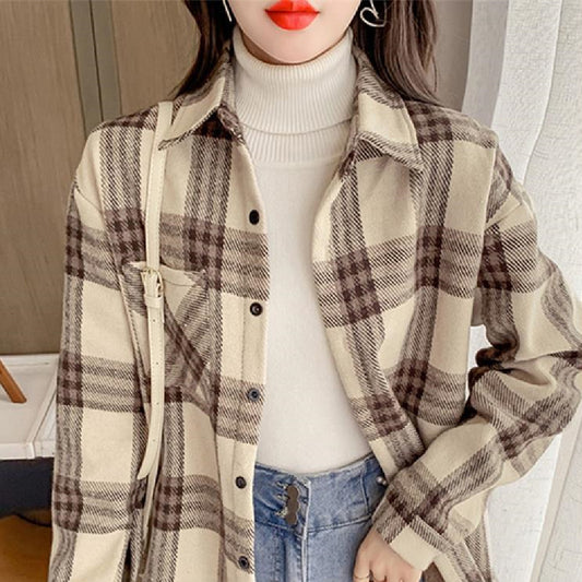 Women's Fashion New Retro Plaid Shirt Coat