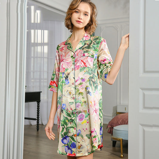 Women's Printed Shirt Style Silk Nightdress