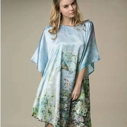 Inkjet Bat Shirt Women's Spring And Summer Home Service New Style Silk Silk Pajamas Nightdress Loose