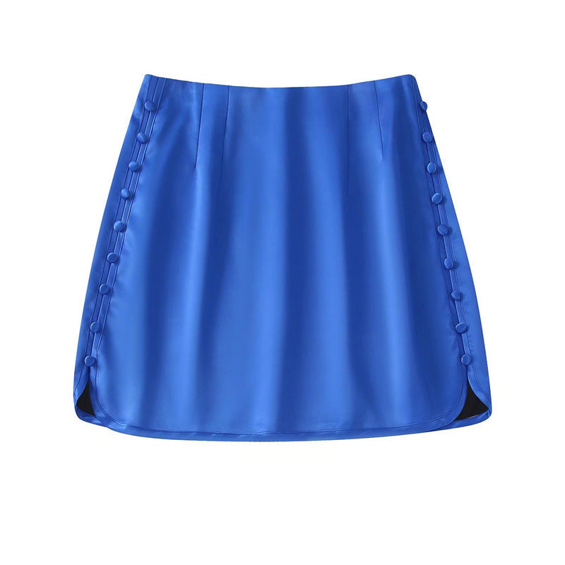 New Buttoned Silk-satin Textured Skirt Miniskirt