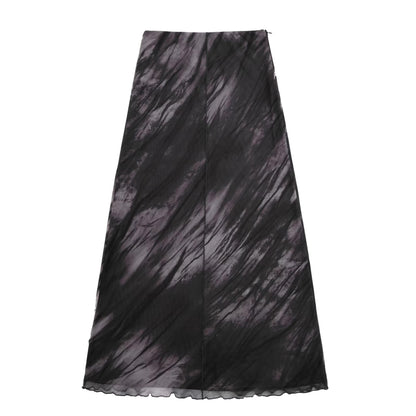 Pleated Floral Print Silk Mesh Dress Skirt